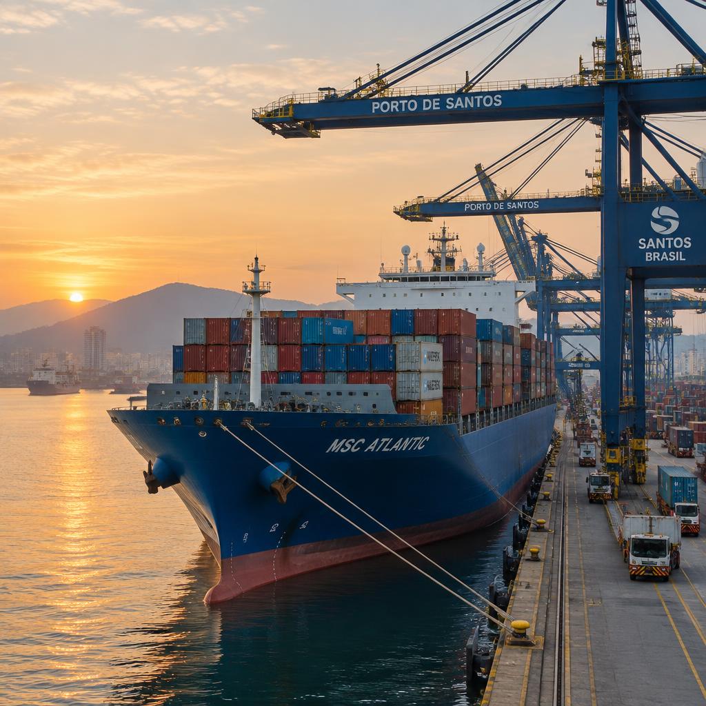 Container ship moored under gantry cranes at the Port of Santos at sunrise